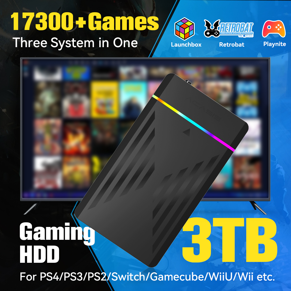 Gaming Console Com - 3TB portátil Gaming HDD LaunchBox/Retrobat/Playnite Retro